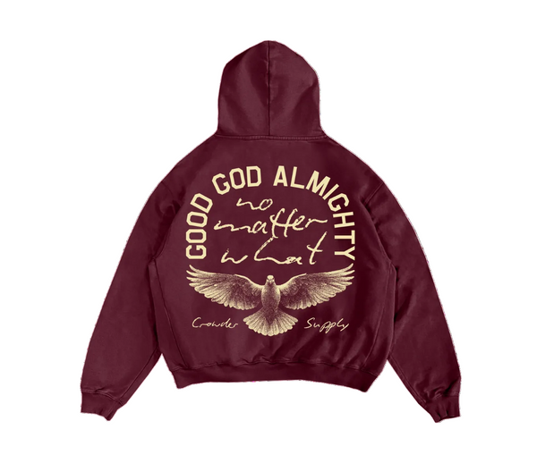 A maroon hoodie shown from the back, featuring a large tan graphic print with the text 'GOOD GOD ALMIGHTY no matter what' and an eagle illustration.